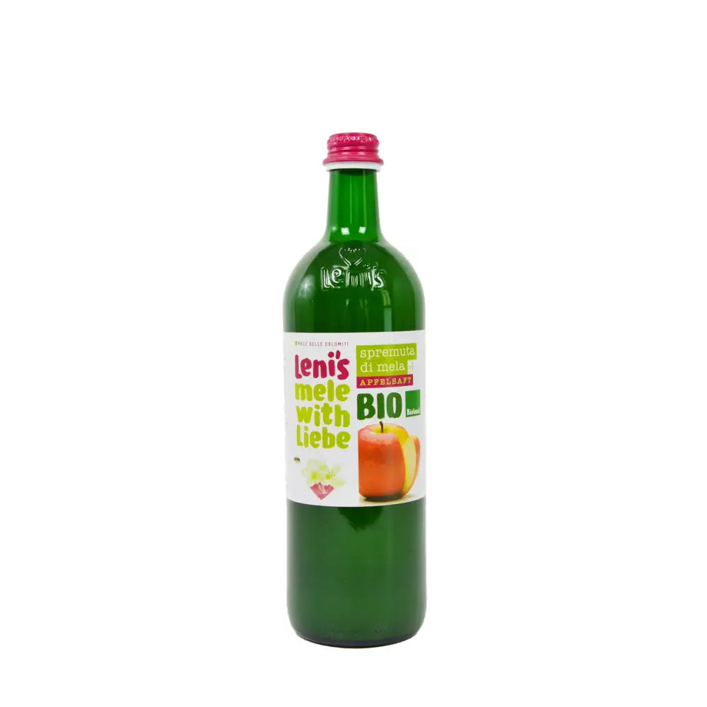 Foto fronte di bottiglia di spremuta di mela bio Lenis