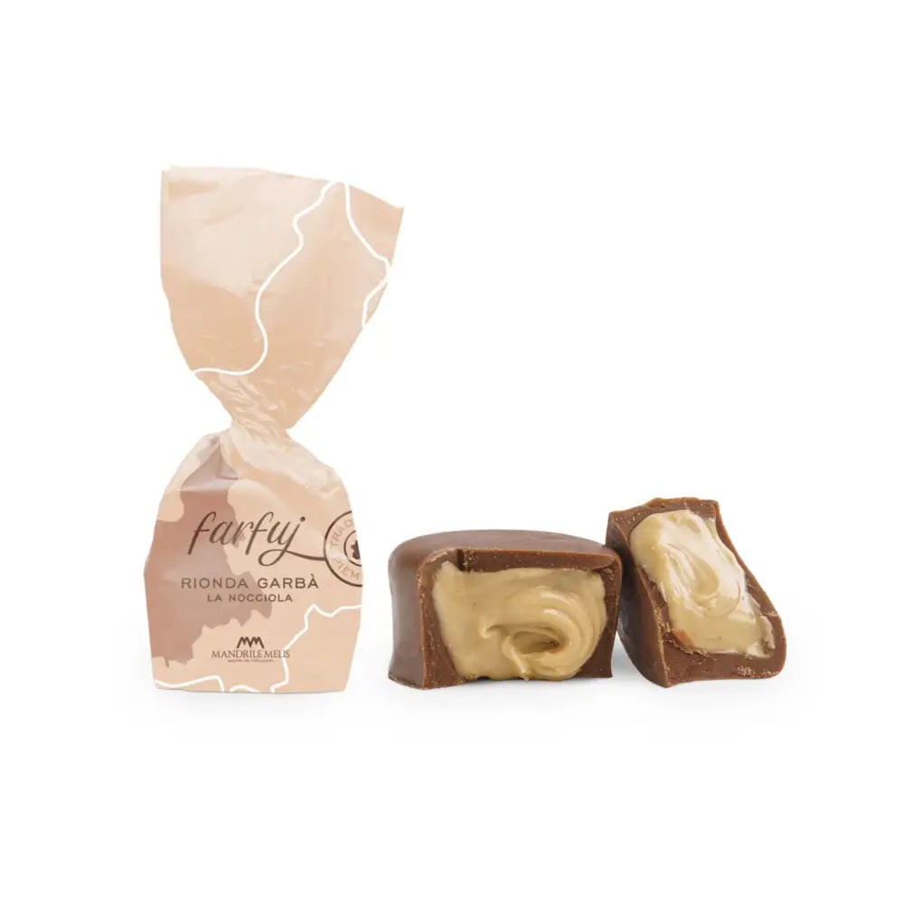 Pralina di cioccolato con ripieno di crema alla nocciola gentile delle langhe