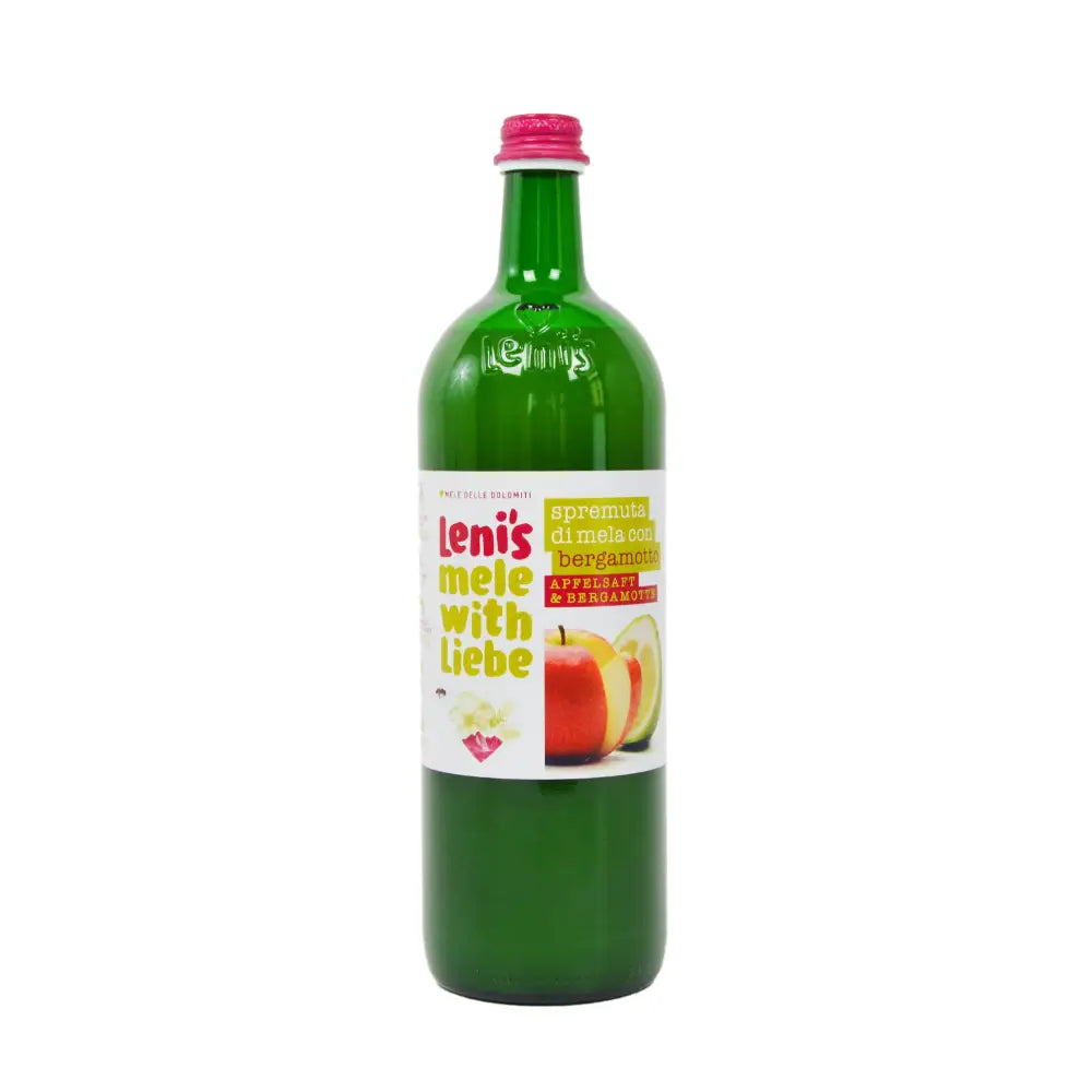 Foto fronte bottiglia spremuta mele con bergamotto Lenis
