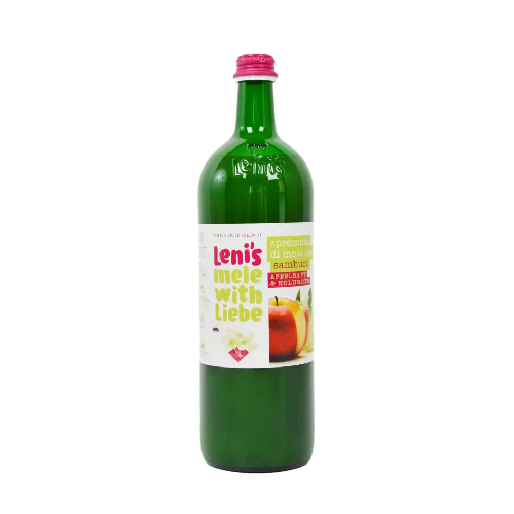 Foto fronte bottiglia vetro spremuta di mele con sambuco Lenis 1 litro 